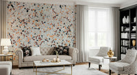 Elegant Light Coral Terrazzo mural clean white ground emphasizing fiery fragments.