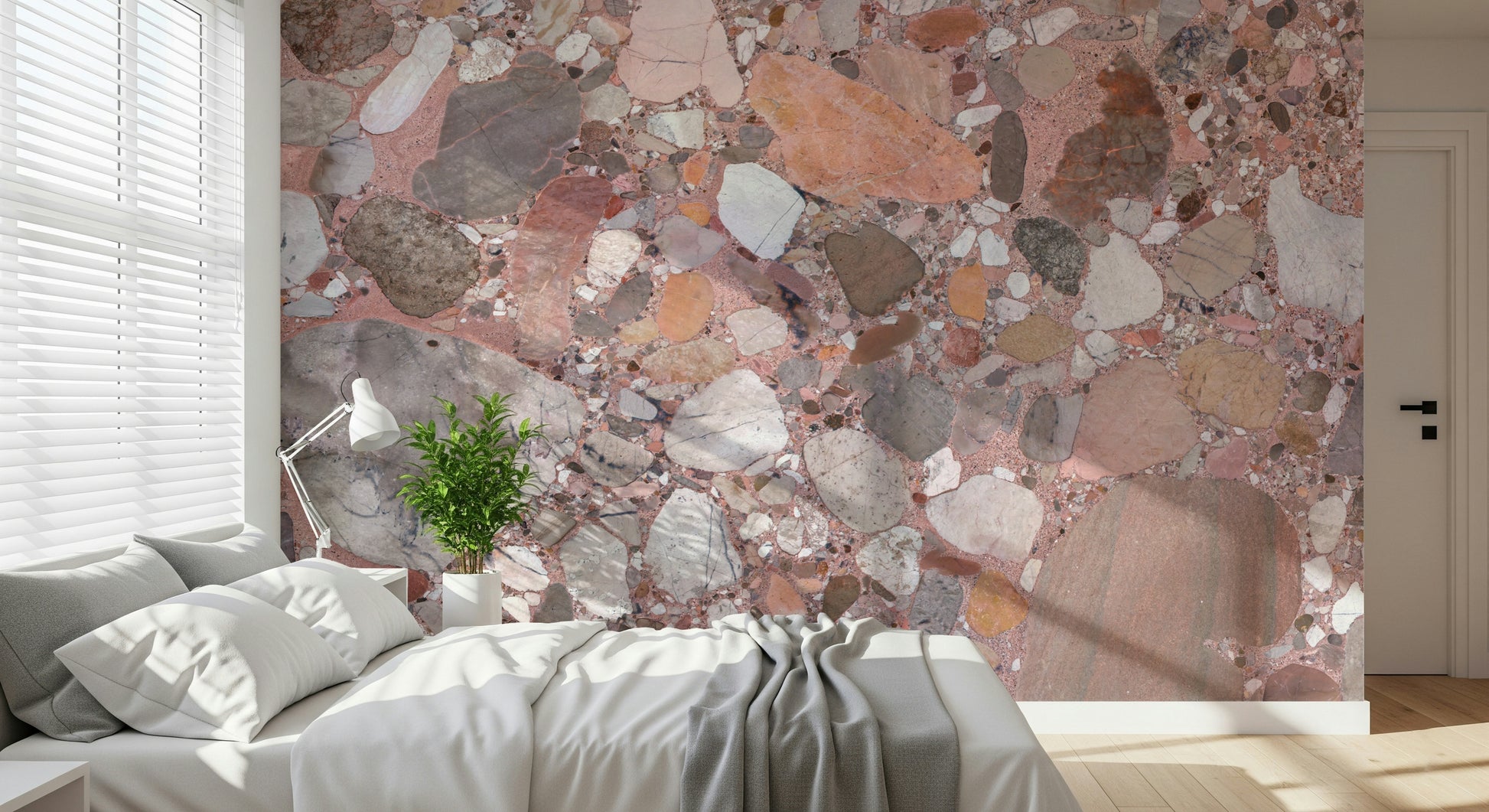 Contemporary Rose Blush Terrazzo Tile wallpaper simulating polished stone aggregate.