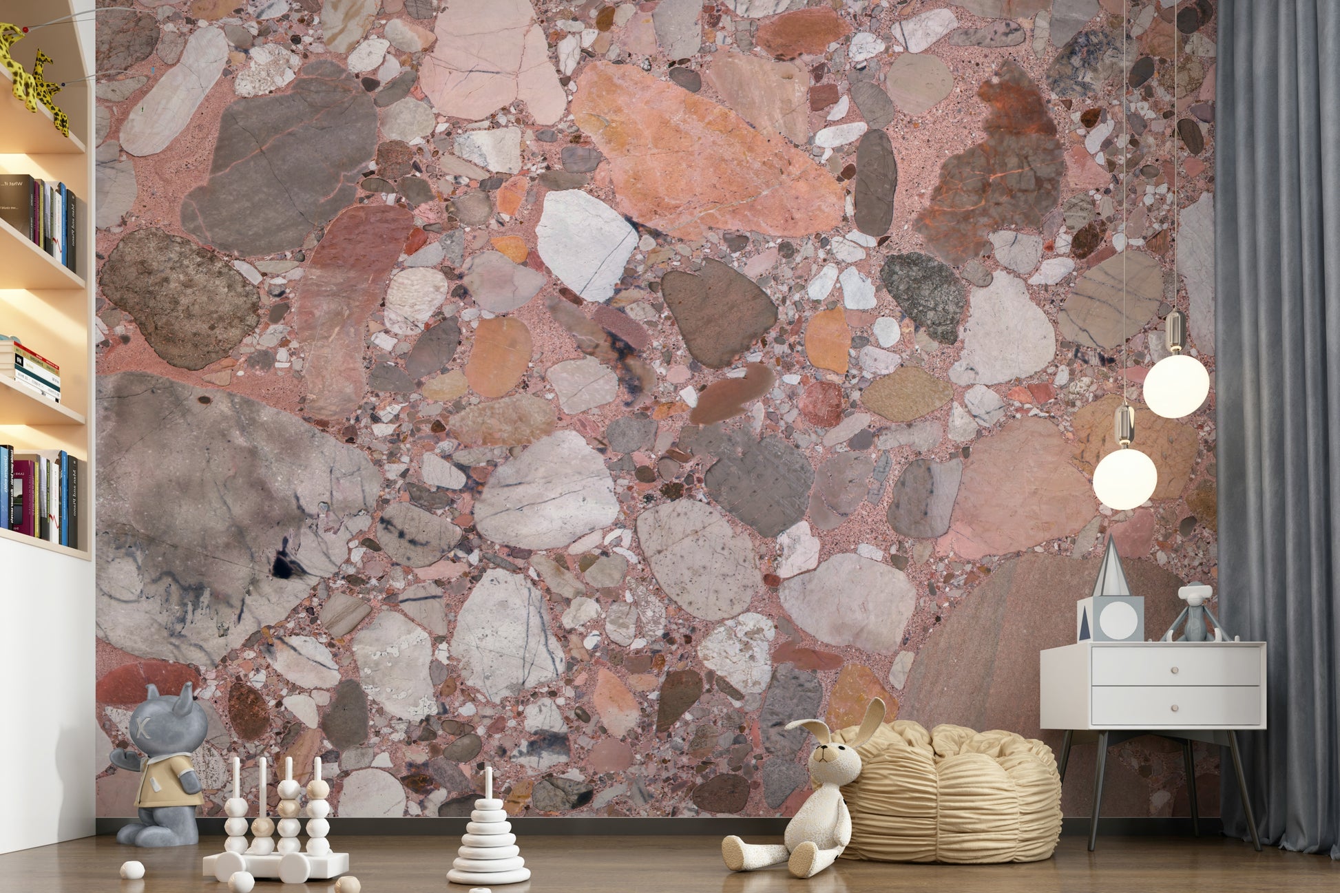 Rose Blush Terrazzo Tile mural vibrant multi-colored aggregate pieces artistic.