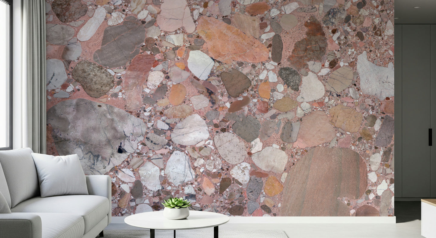 Refreshing Rose Blush Terrazzo Tile mural wall covering subtle gentle pastel hues.