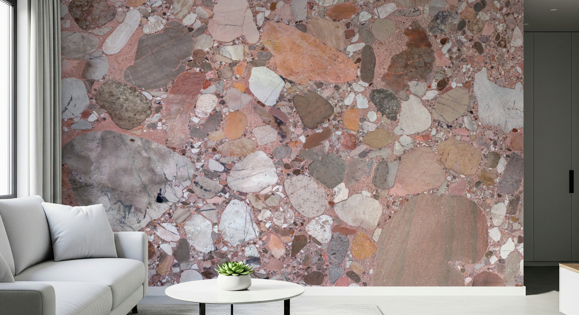 Refreshing Rose Blush Terrazzo Tile mural wall covering subtle gentle pastel hues.