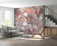 Gorgeous Rose Blush Terrazzo Tile mural scattered beige white brown elements background.