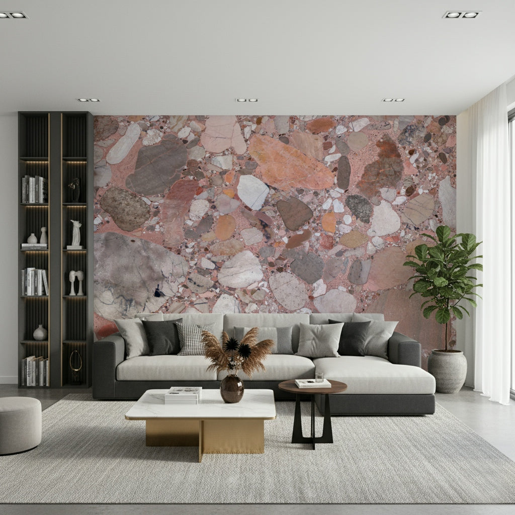 Stunning Rose Blush Terrazzo Tile mural capturing detailed complex material structure.