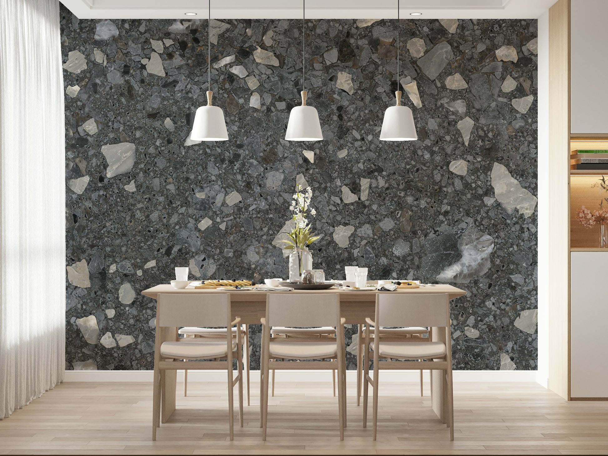 Bold Terrazzo Chips of Marble wallpaper. High-contrast pattern.