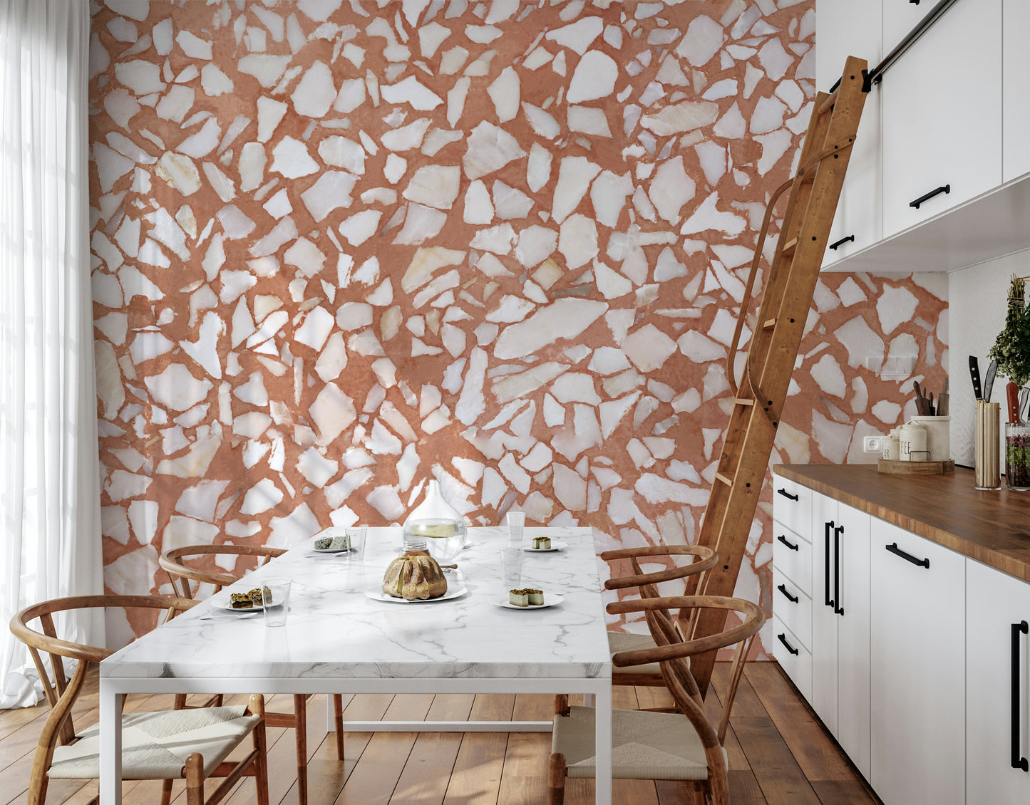 Rich terra-cotta natural wallpaper. Intense marble chip pattern.