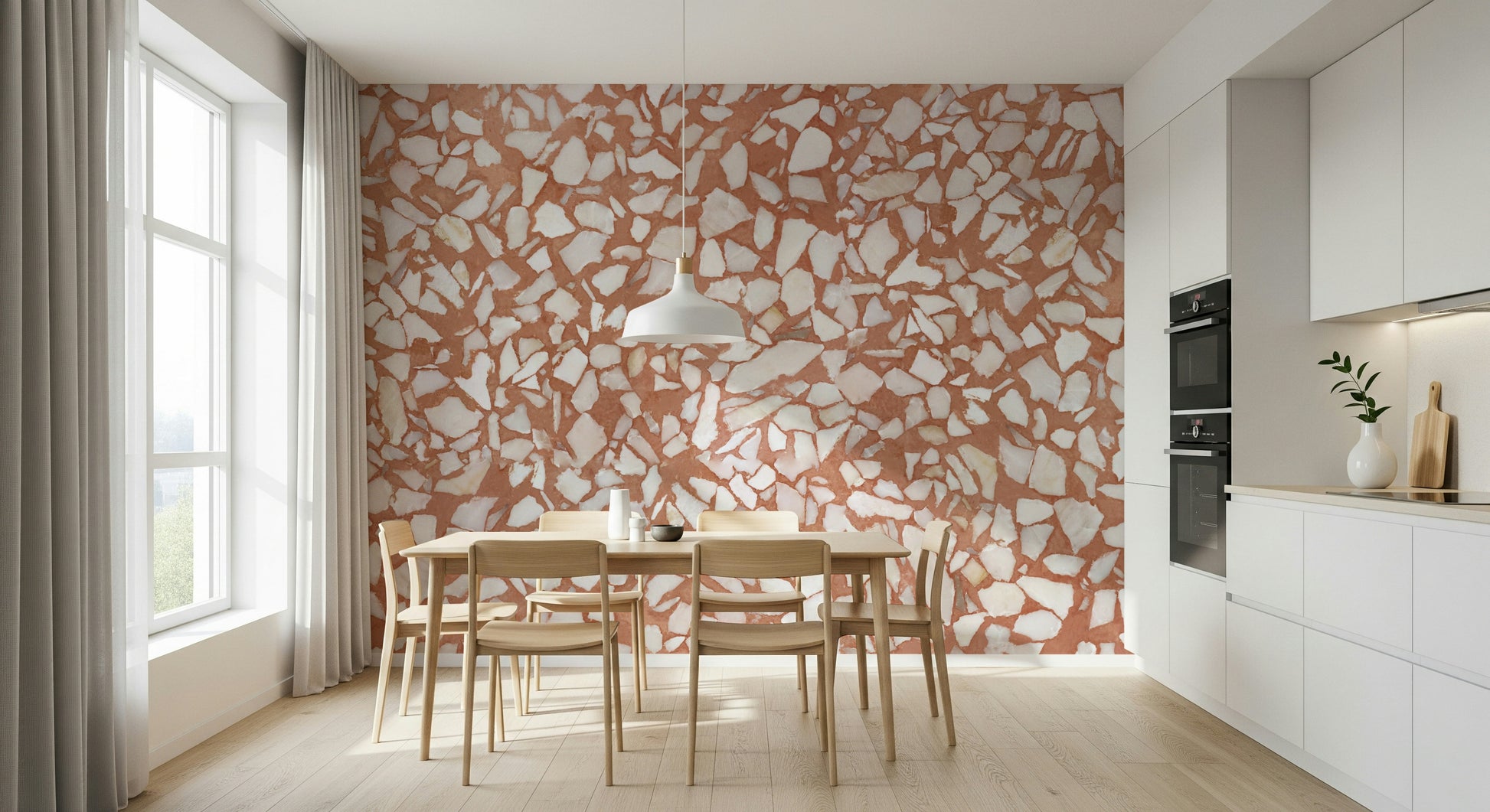 Stone terrazzo wall mural. Chunky white aggregate scattered pattern.
