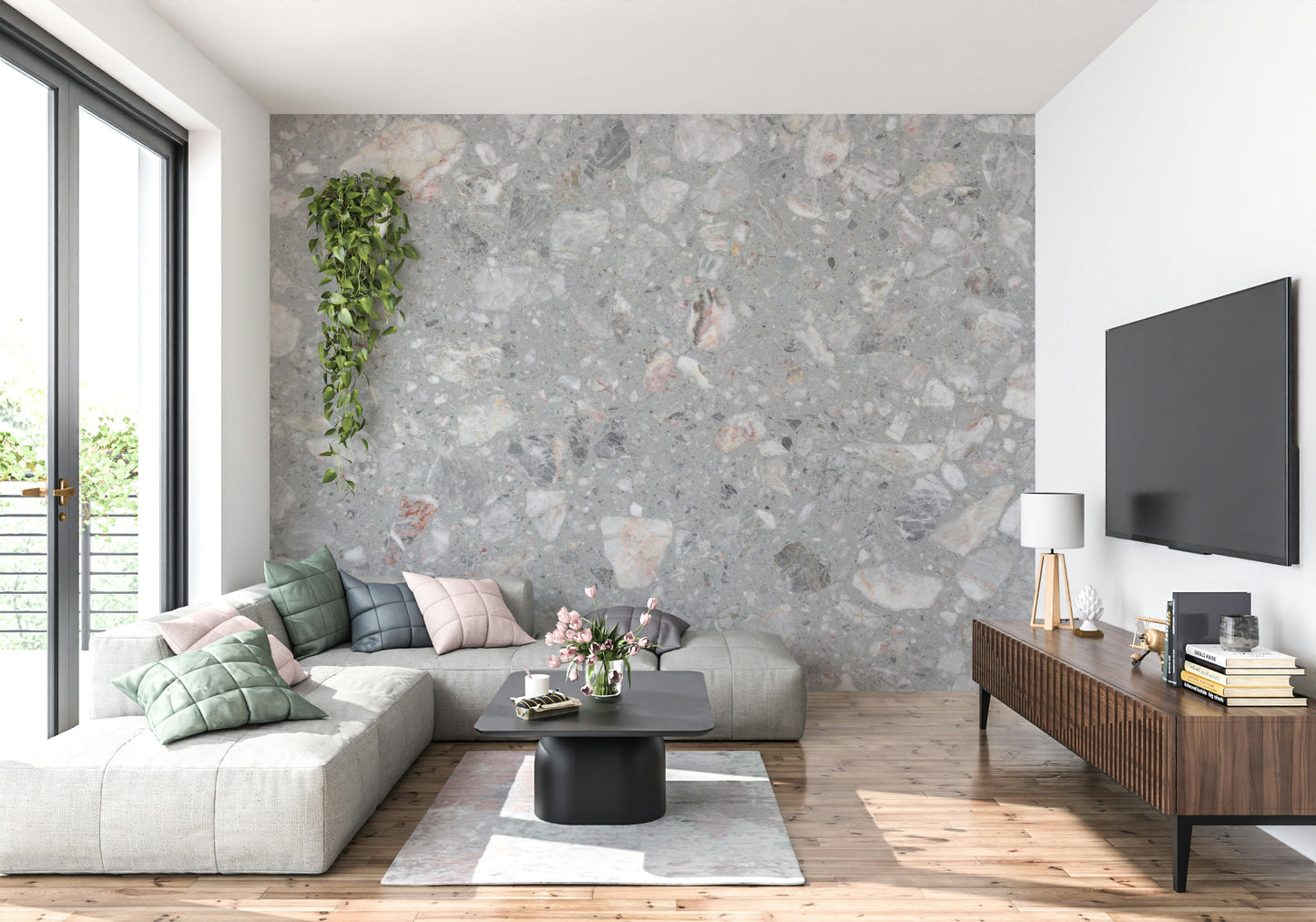 Grey Terrazzo Cement wallpaper. Speckled stone mural.