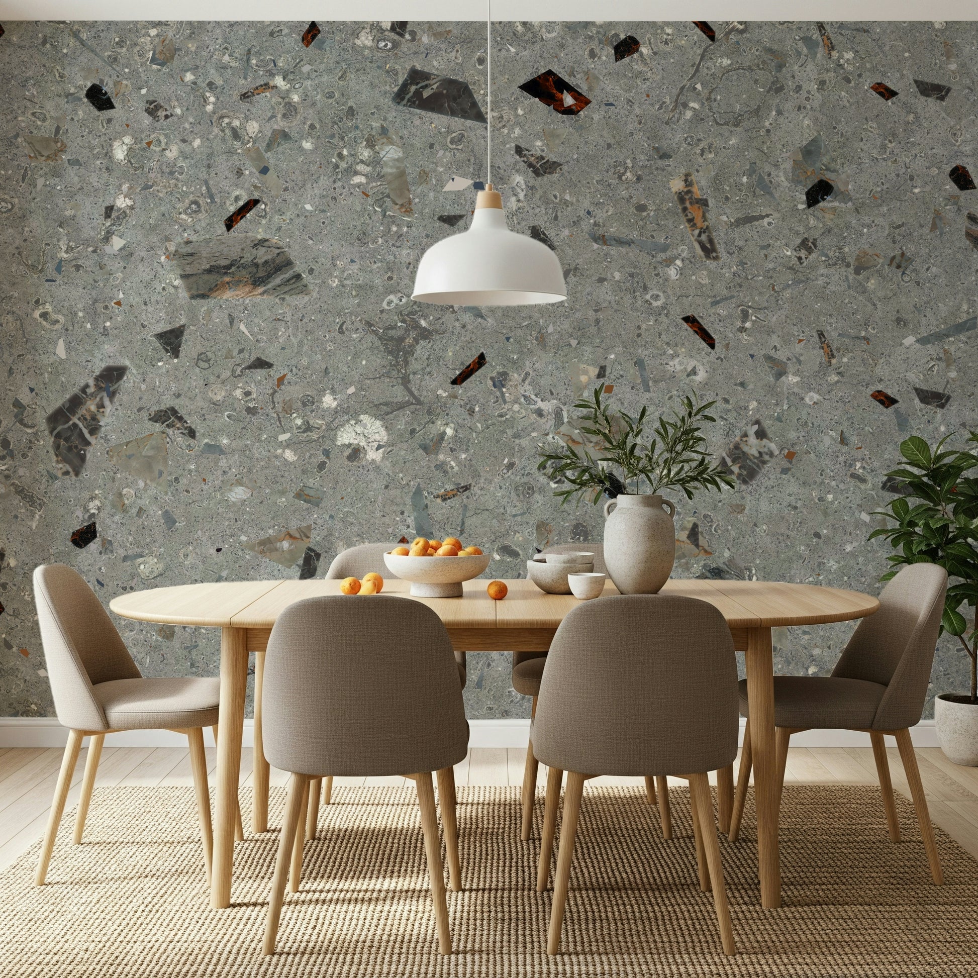 Dark flecks wall mural over a light Grey Terrazzo background.