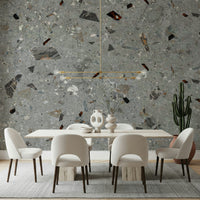 Terrazzo style mural, Beige and Grey stone mix, highly detailed surface.