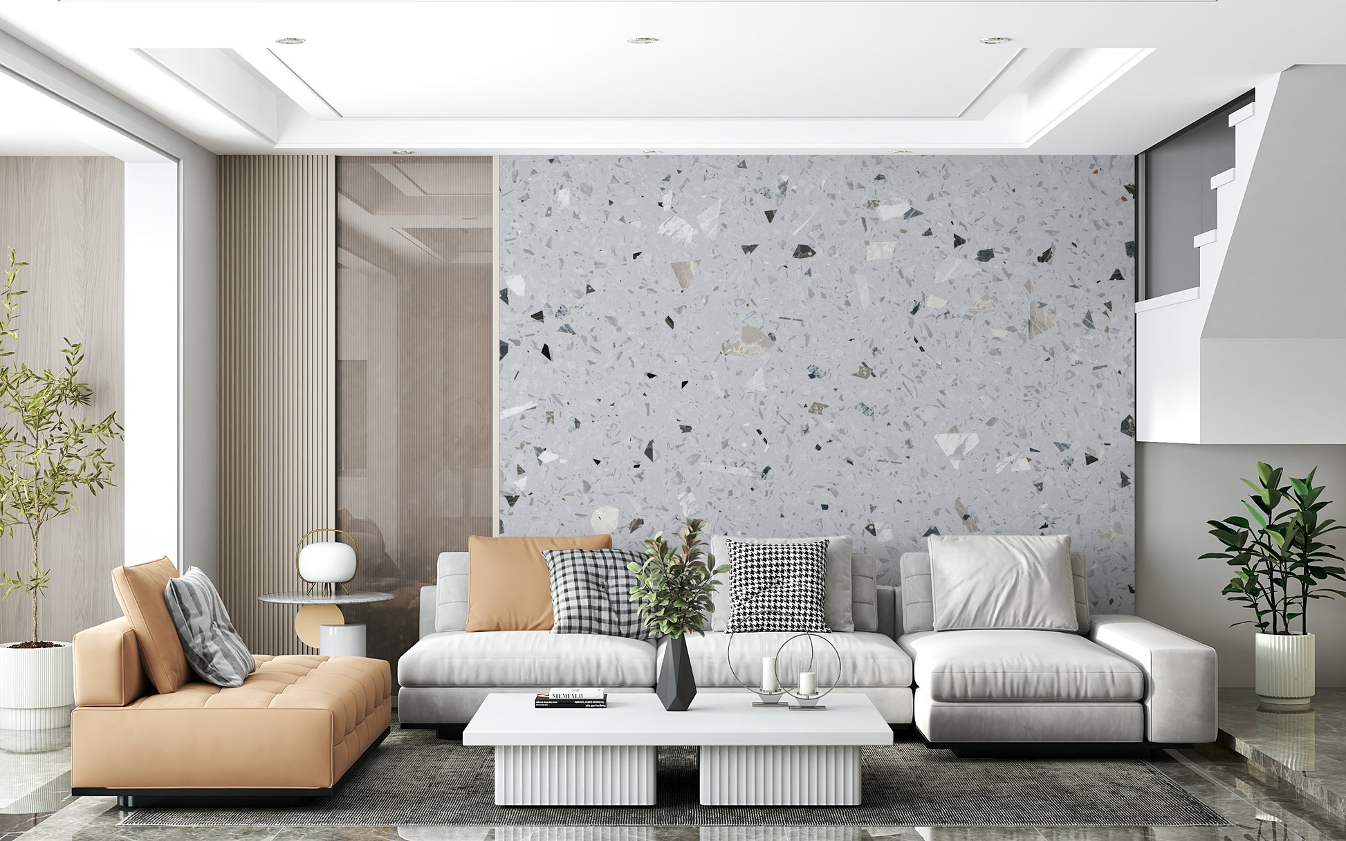 Neutral Terrazzo Natural Granite wallpaper surface with chips.