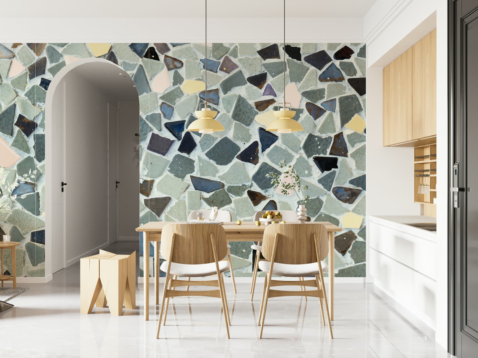 Deconstructed tile wallpaper with varied speckled fragments.