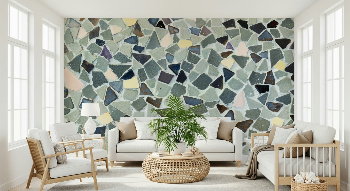 Distressed Fragmented Harmony mural featuring colorful bits.