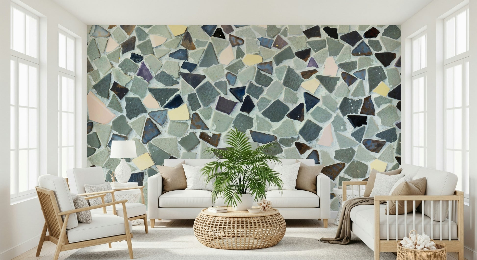 Distressed Fragmented Harmony mural featuring colorful bits.