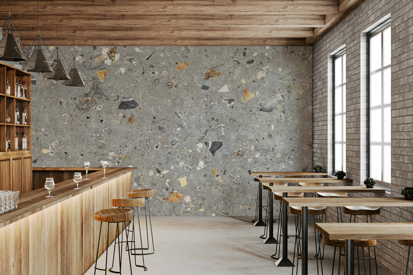 Fossil Stone Grey Terrazzo wallpaper Ancient speckle design.