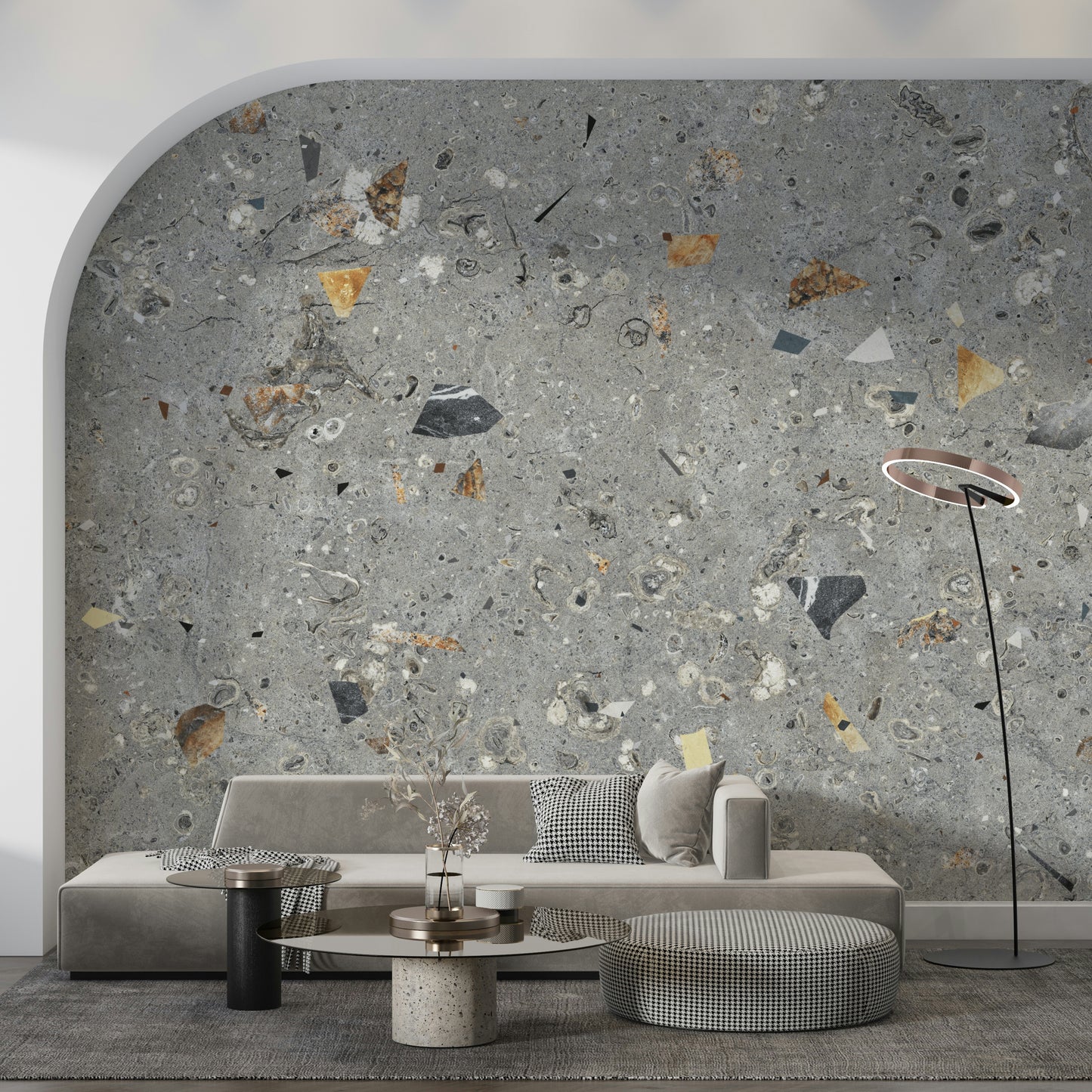 Industrial Fossil Stone wall mural with stone fragments.