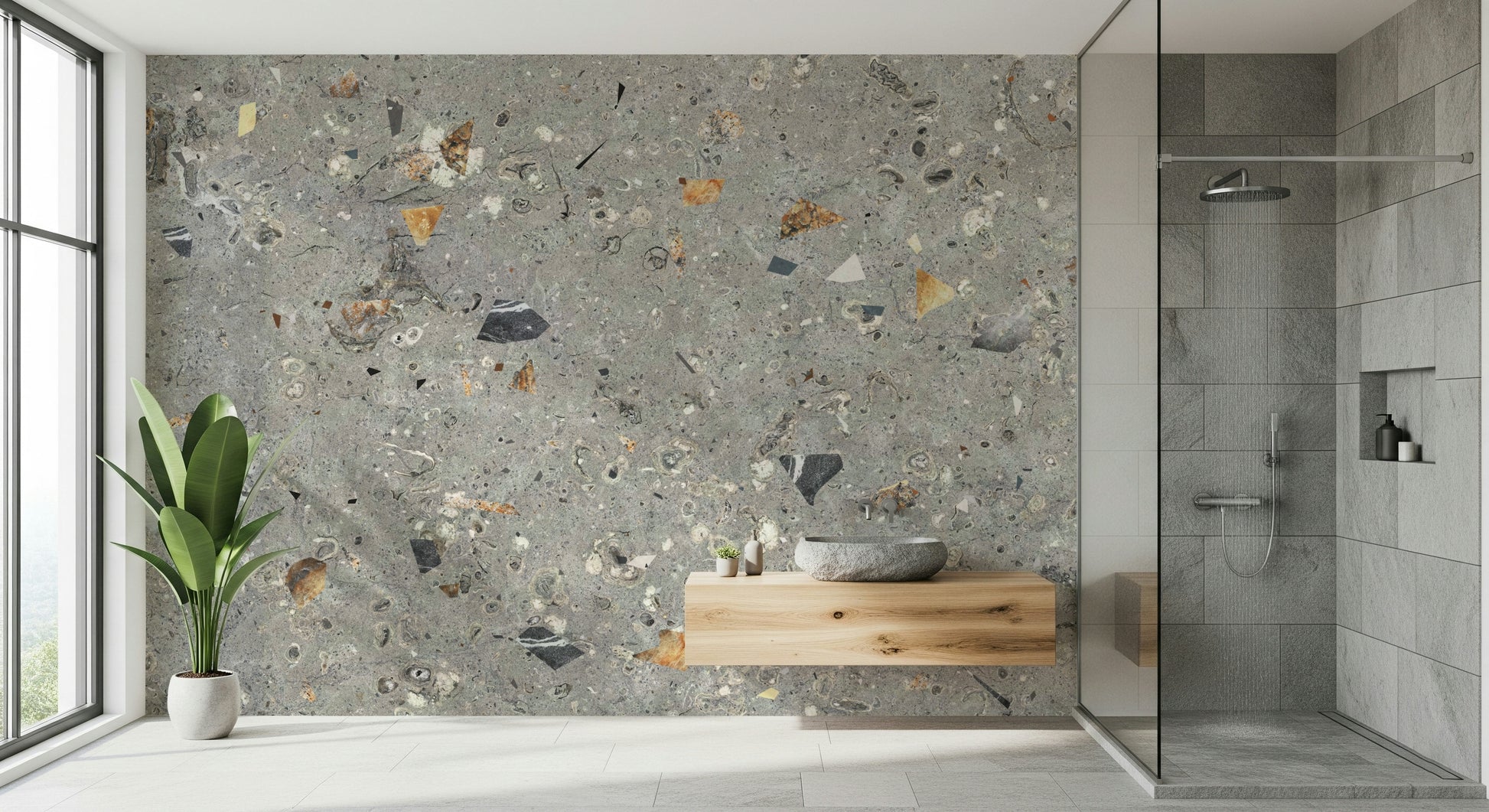 Geological Grey Terrazzo embedded wallpaper surface.