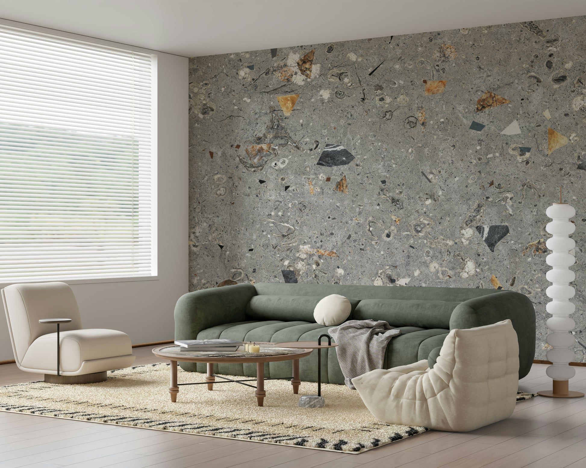 Mineral Fossil Stone Grey Terrazzo rich effect wallpaper.