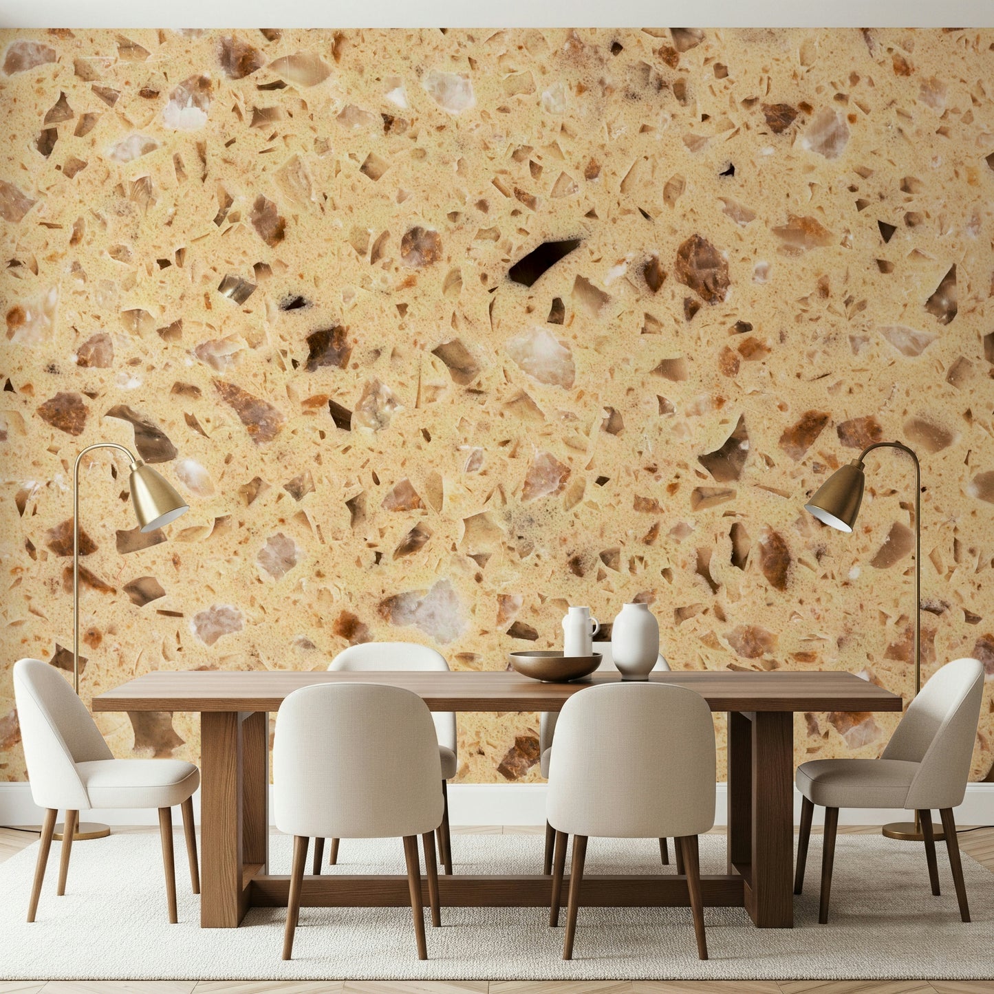 Creamy beige Terrazzo speckled wall mural pattern.