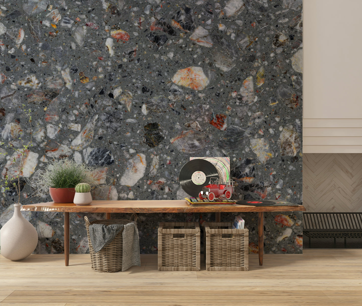 Geological Natural Look Tile mural red orange stone accents.