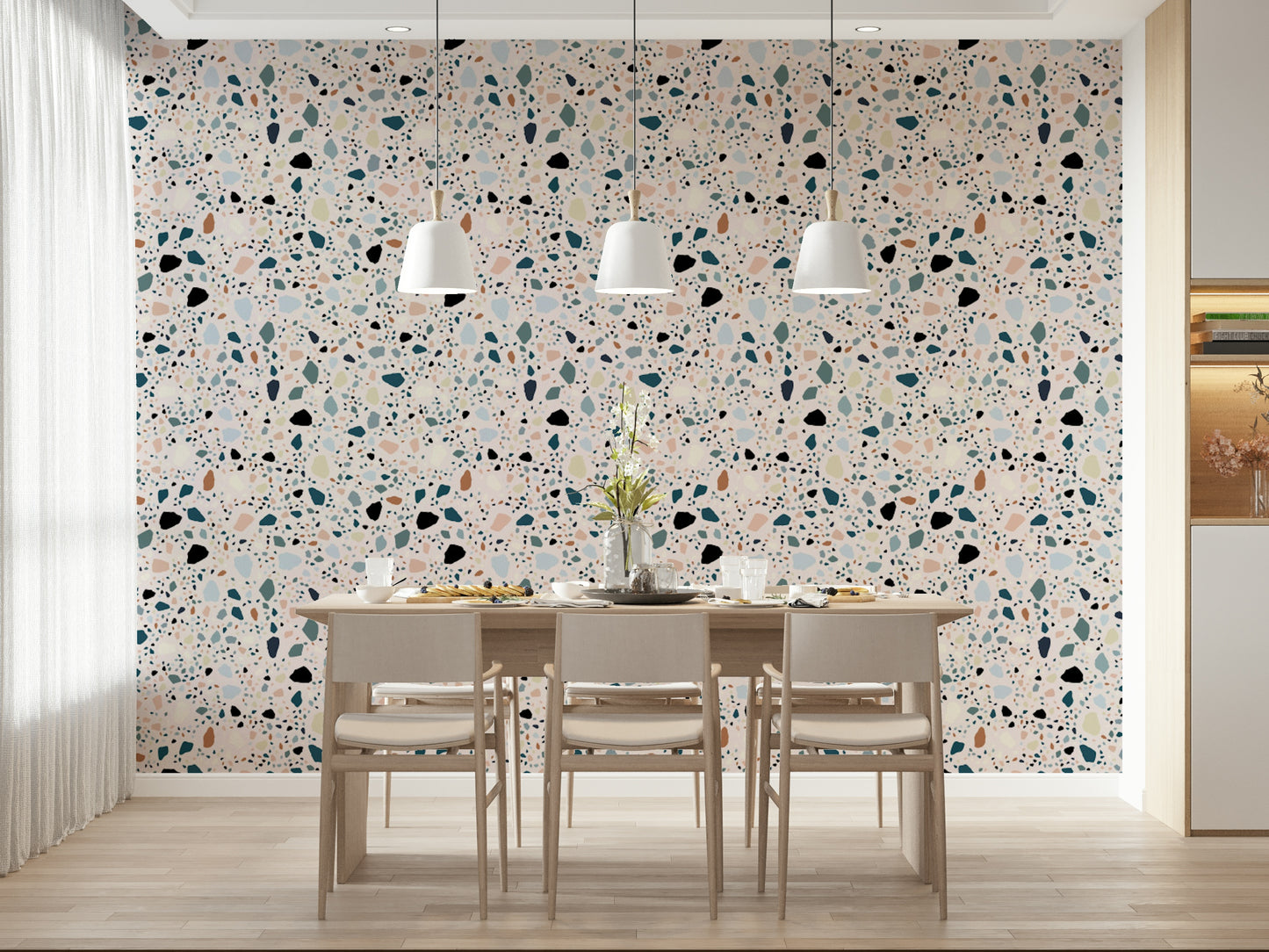 Contemporary Vibrant Terrazzo wallpaper scattered mineral pieces.