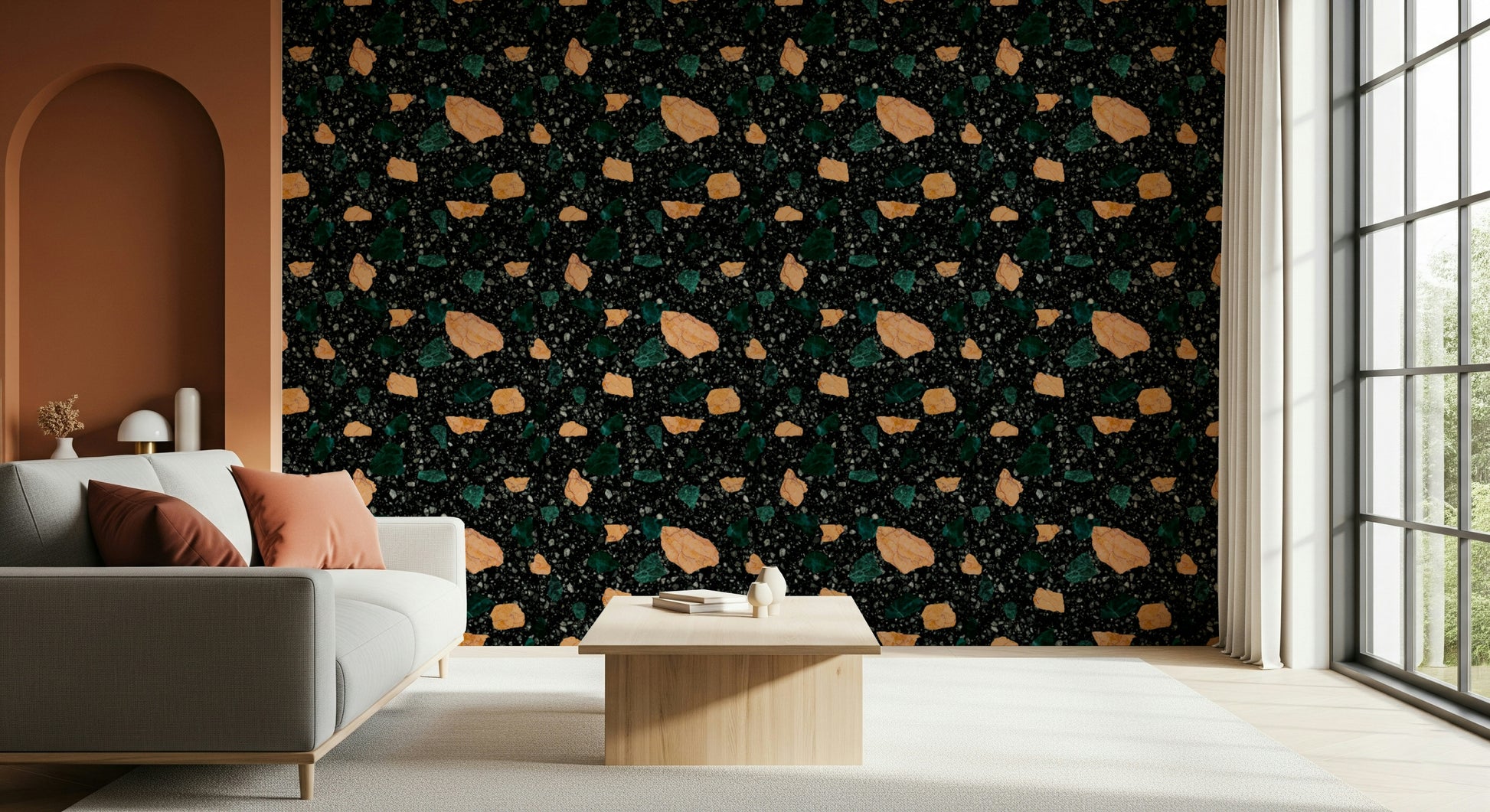 Orange jade Midnight Stone chips wallpaper dramatic repeat.