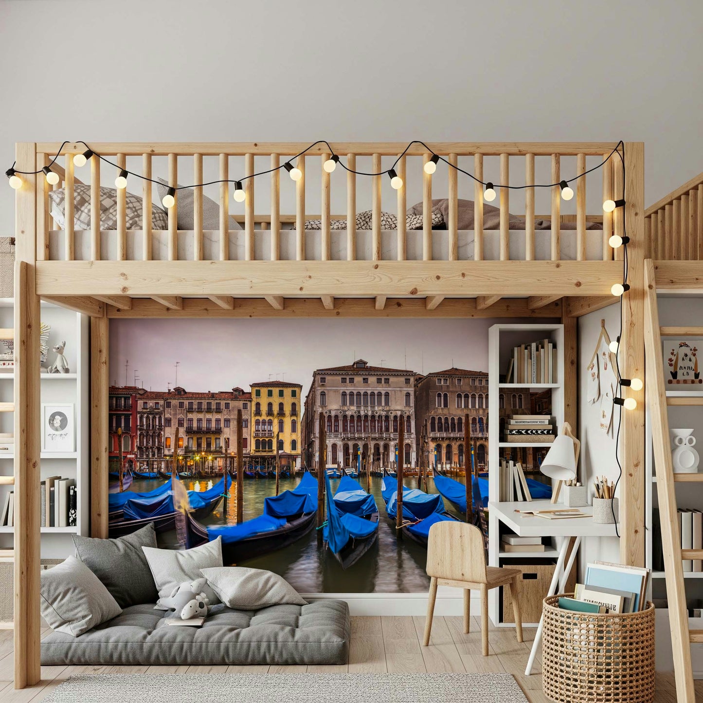 Cobalt wall mural serene Venice lagoon historical architecture wallpaper for walls.