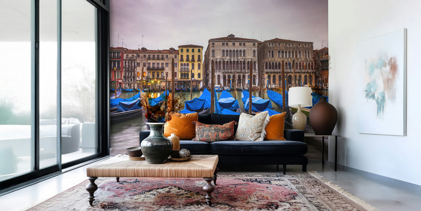Wall mural, historic Venetian architecture, blue covered gondolas.