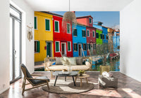 Multicolored Burano photo, rowboats tied outside, amazing streetscape.