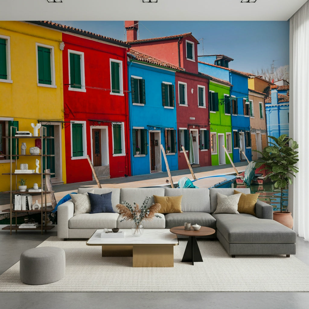 Multicolored Burano accent wallpaper, yellow red blue facade, summer sunshine.
