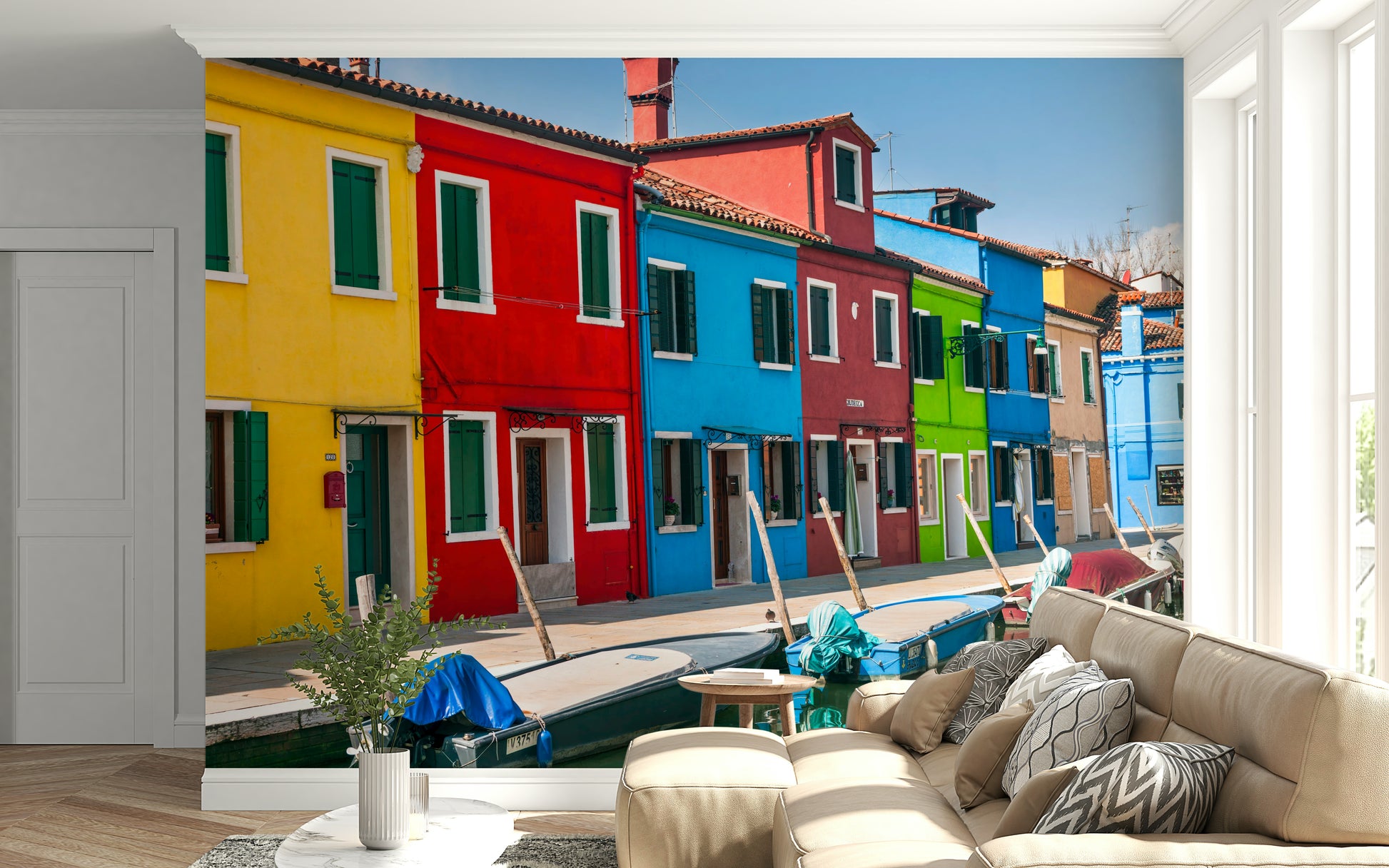 Multicolored Burano wall mural, bright Italian houses, vivid village scene.