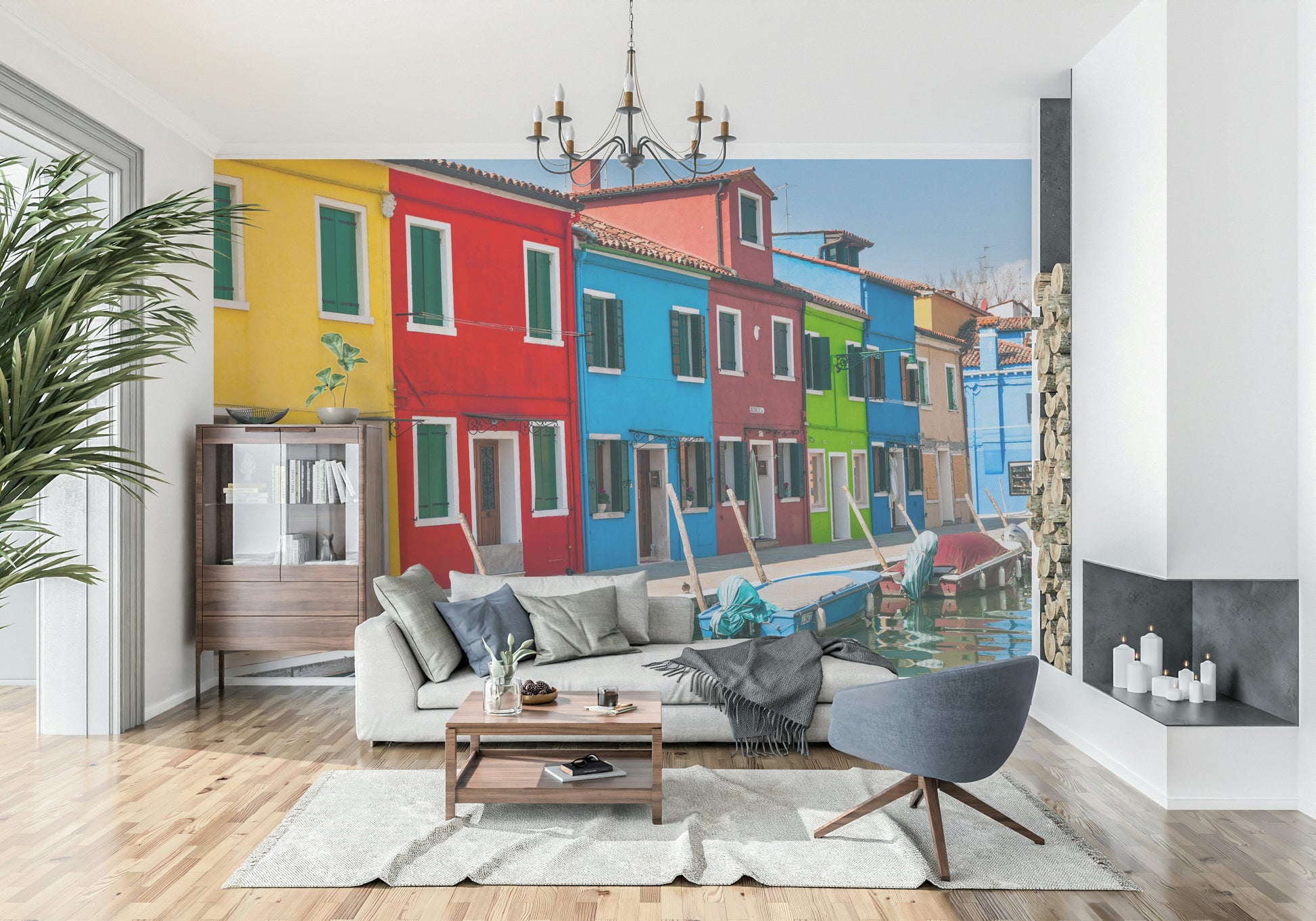 Venetian wallpaper, moored small boats, sunny day, captivating scene, Multicolored Burano.