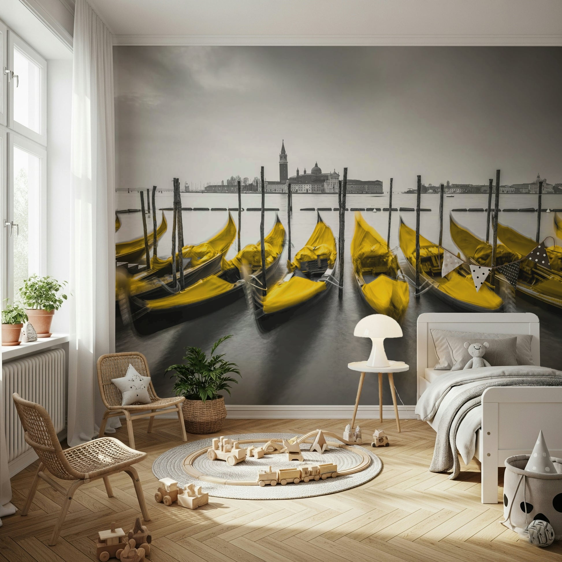 Row of Golden Gondolas, iconic landmark background, stylish wall covering.