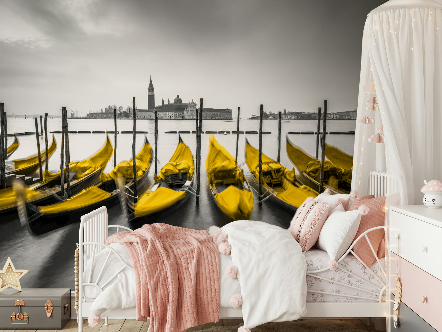 Golden Gondolas product, monochrome setting, intense yellow seats, eye-catching.