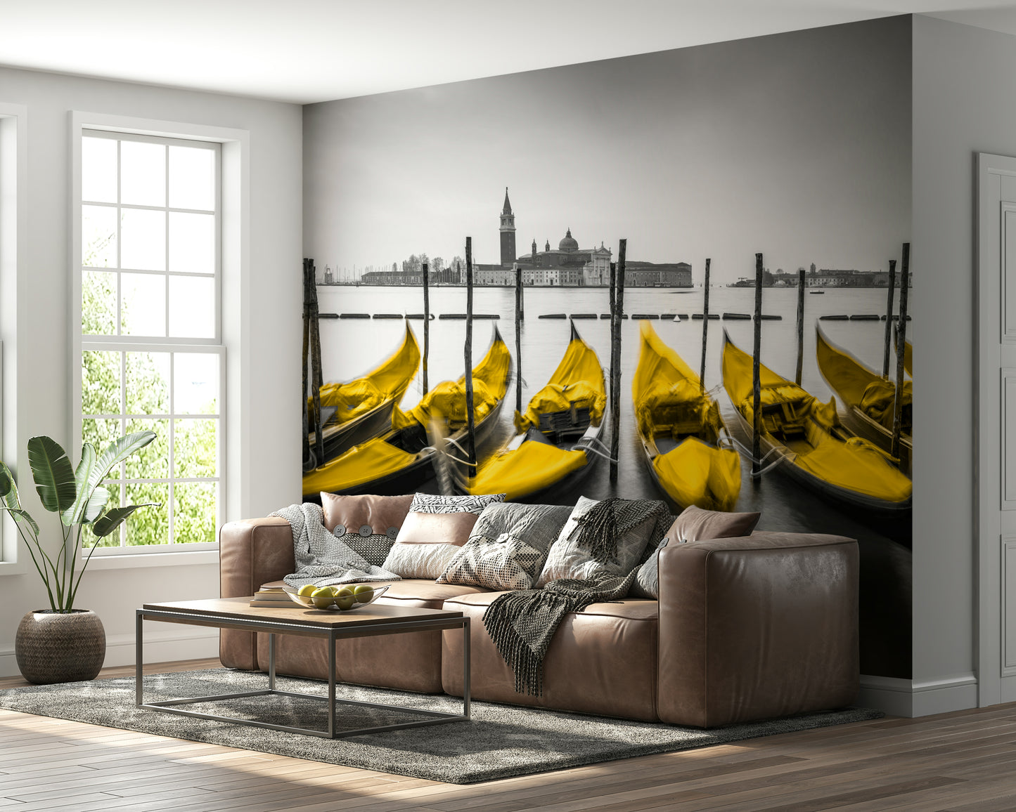 Artistic wall mural, vibrant yellow contrasting gray sky, appealing visual, Venice in Contrast.