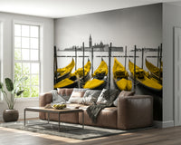 Artistic wall mural, vibrant yellow contrasting gray sky, appealing visual, Venice in Contrast.