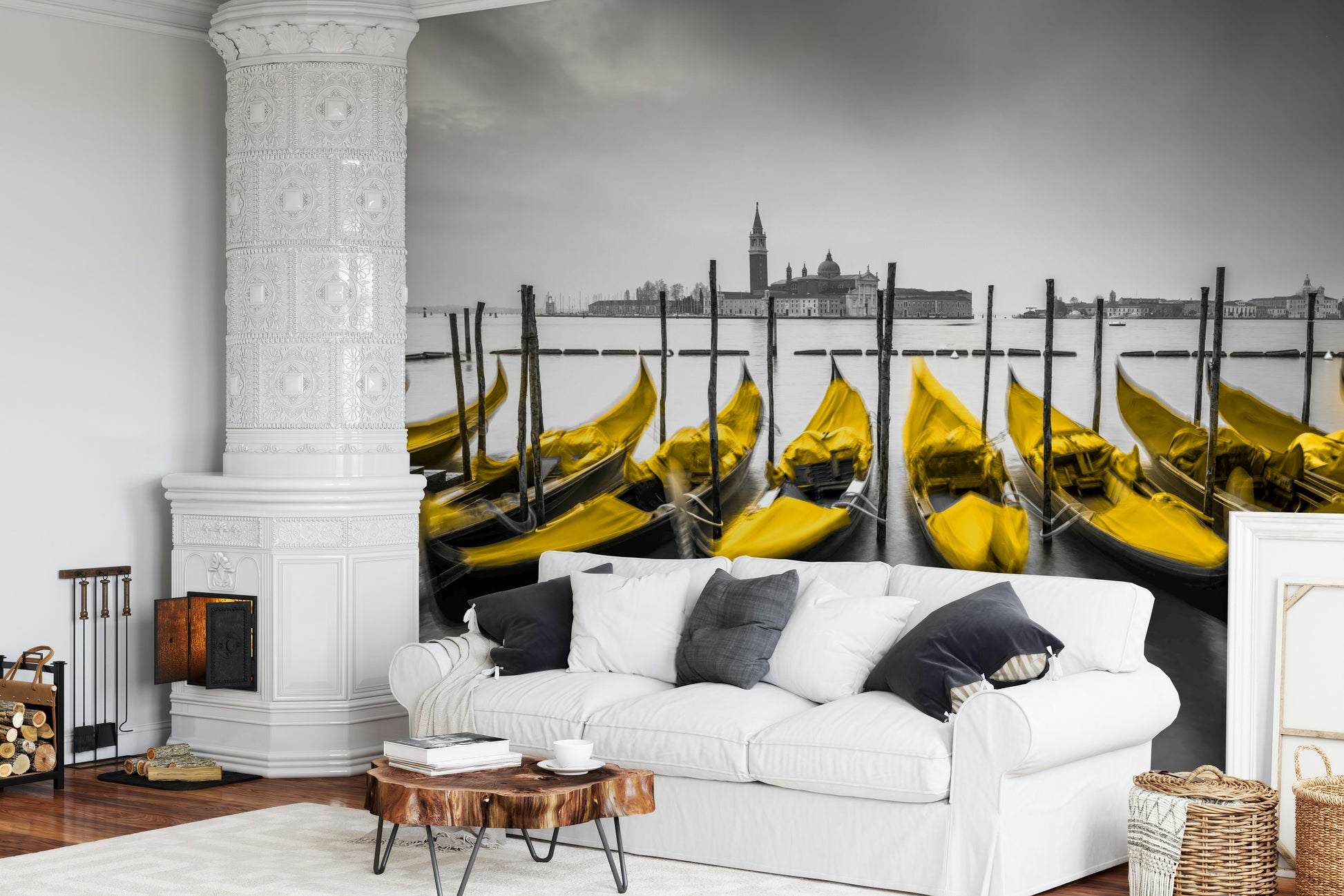 Luxury wallpaper for walls, many boats lined up, beautiful skyline, Venice in Contrast.