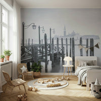 Venetian Stillness wallpaper, black white photo, calm lagoon view.