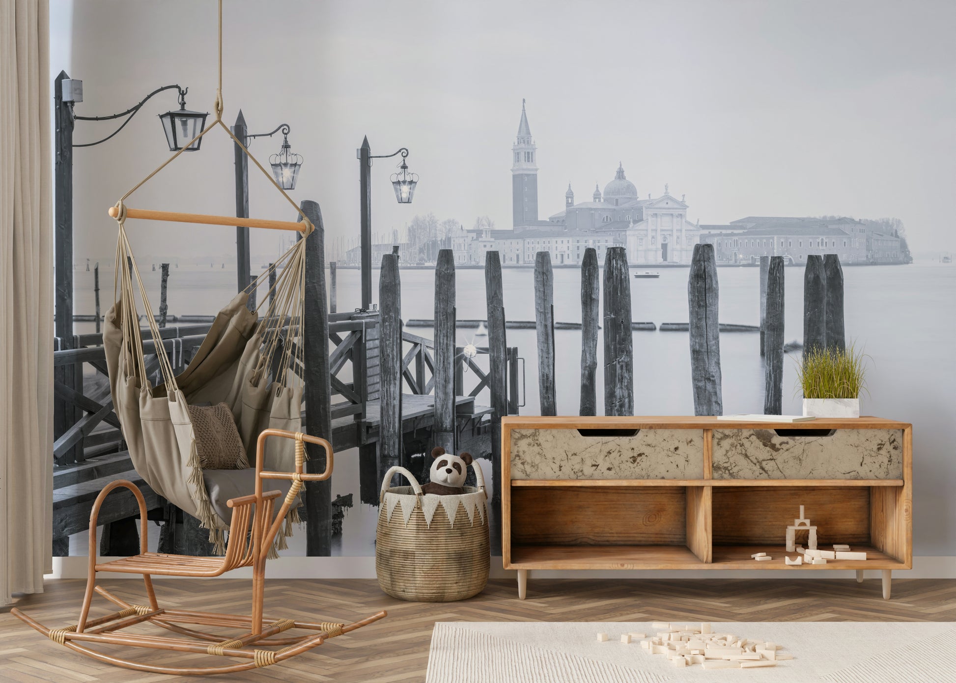 Venetian Stillness scenic wallpaper, quiet water, classic lanterns, artistic covering.