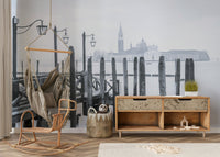 Venetian Stillness scenic wallpaper, quiet water, classic lanterns, artistic covering.