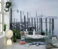 Coastal wall mural, antique boat dock, misty weather, picturesque Italy, Venetian Stillness.
