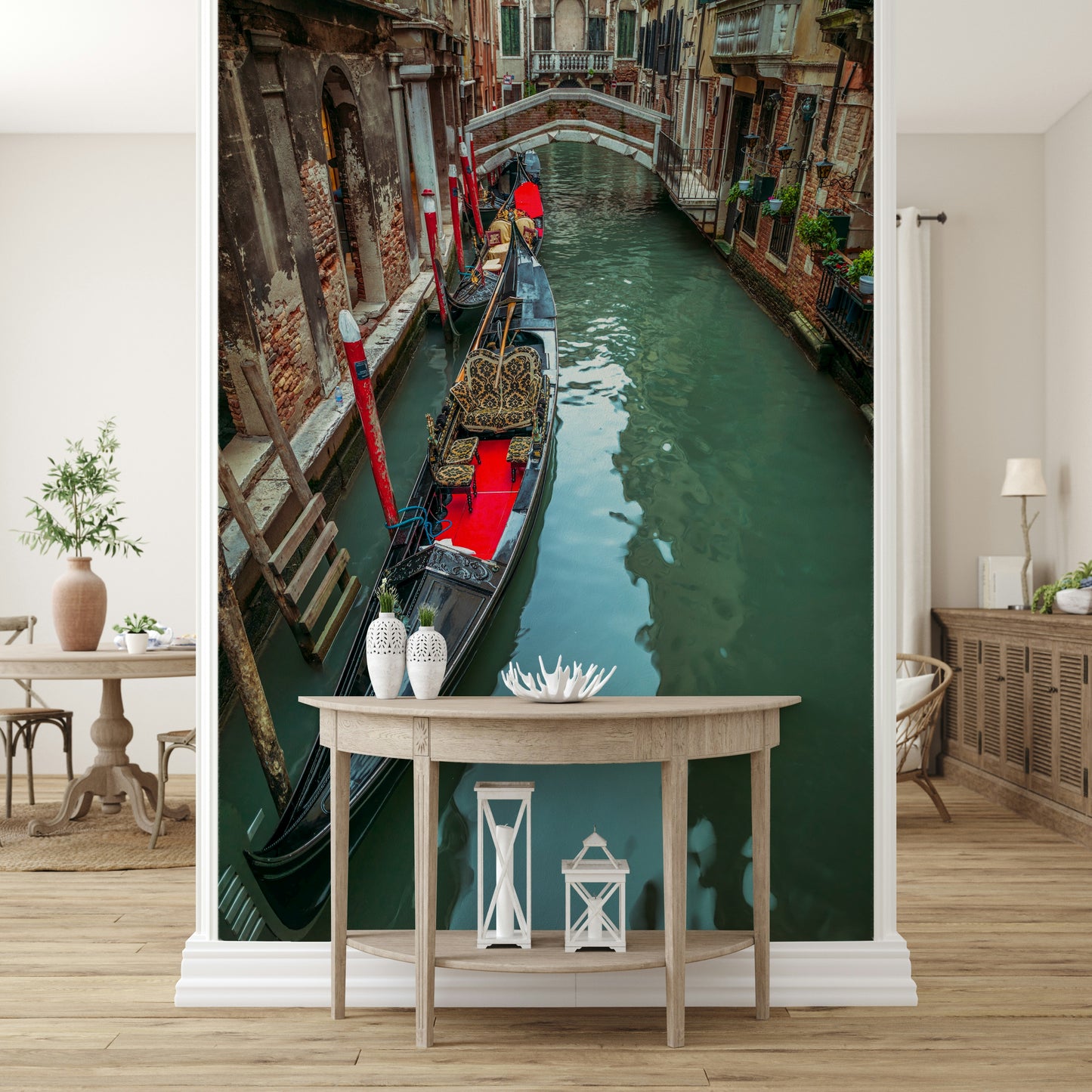 Gondola Dream design, decorative boat cushions, classic brick walls.