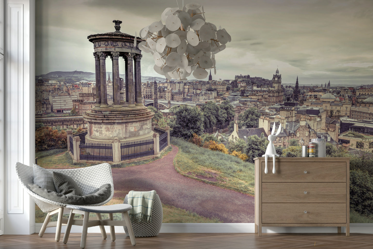Panoramic Edinburgh cityscape wall art, a cloudy day look.