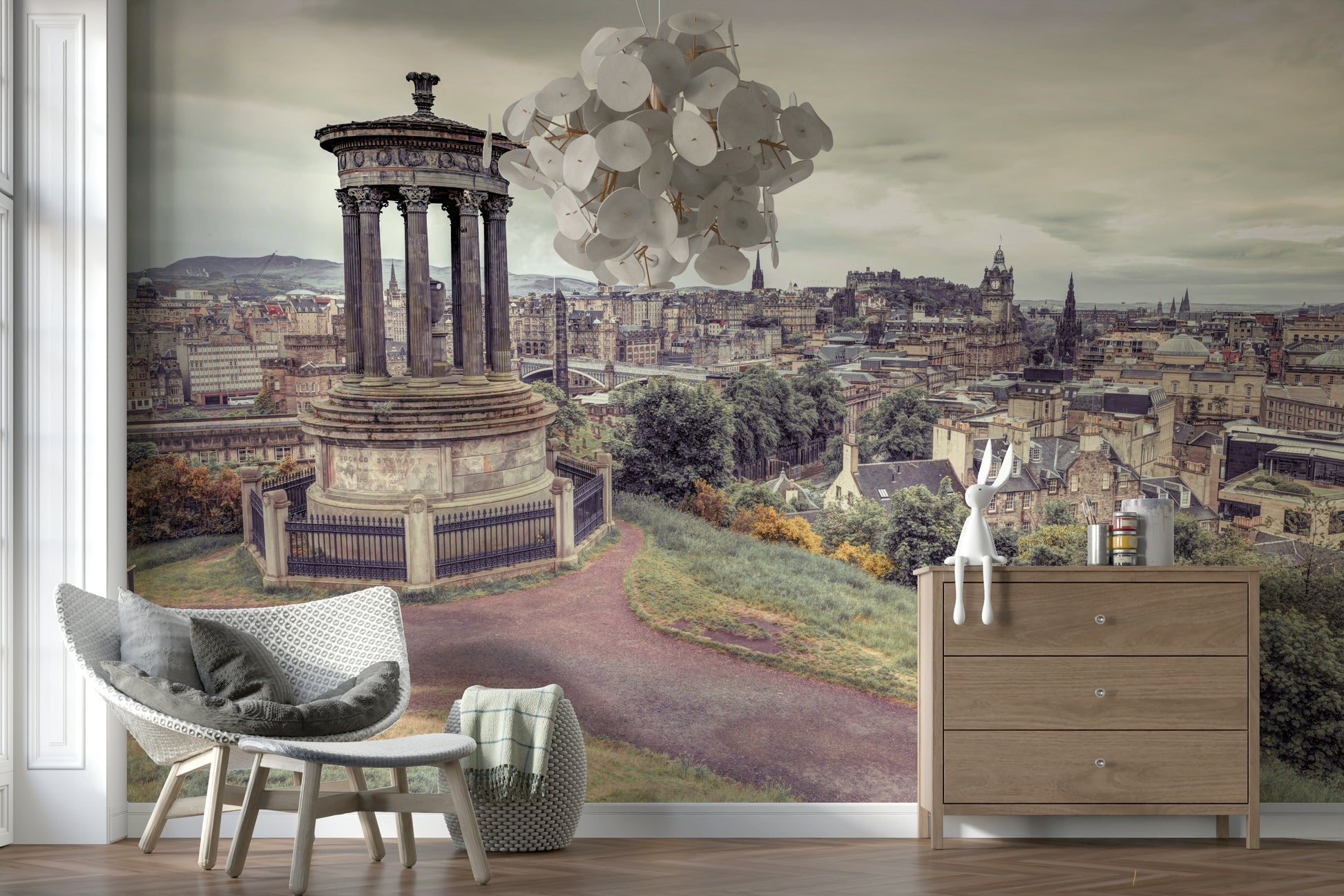 Panoramic Edinburgh cityscape wall art, a cloudy day look.