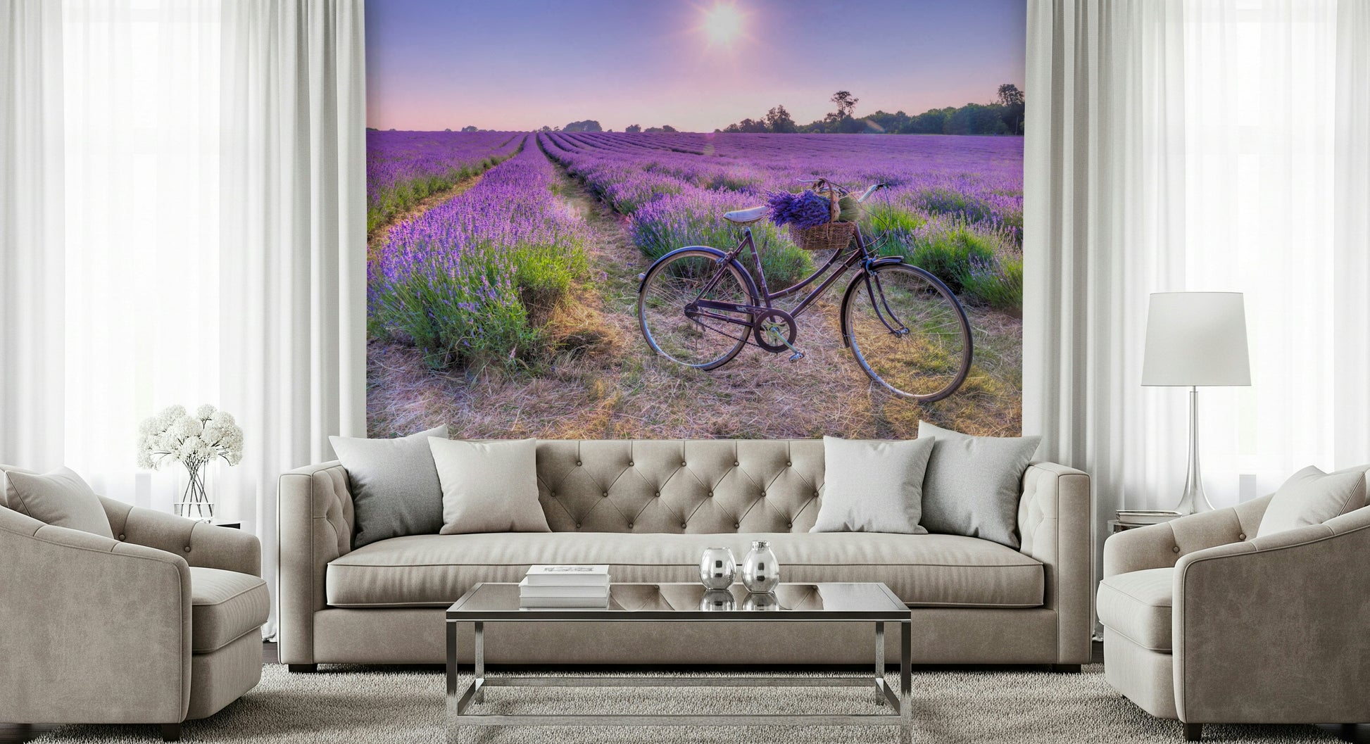 Flowering Lavender Ride field at dusk, relaxing summer evening mural.