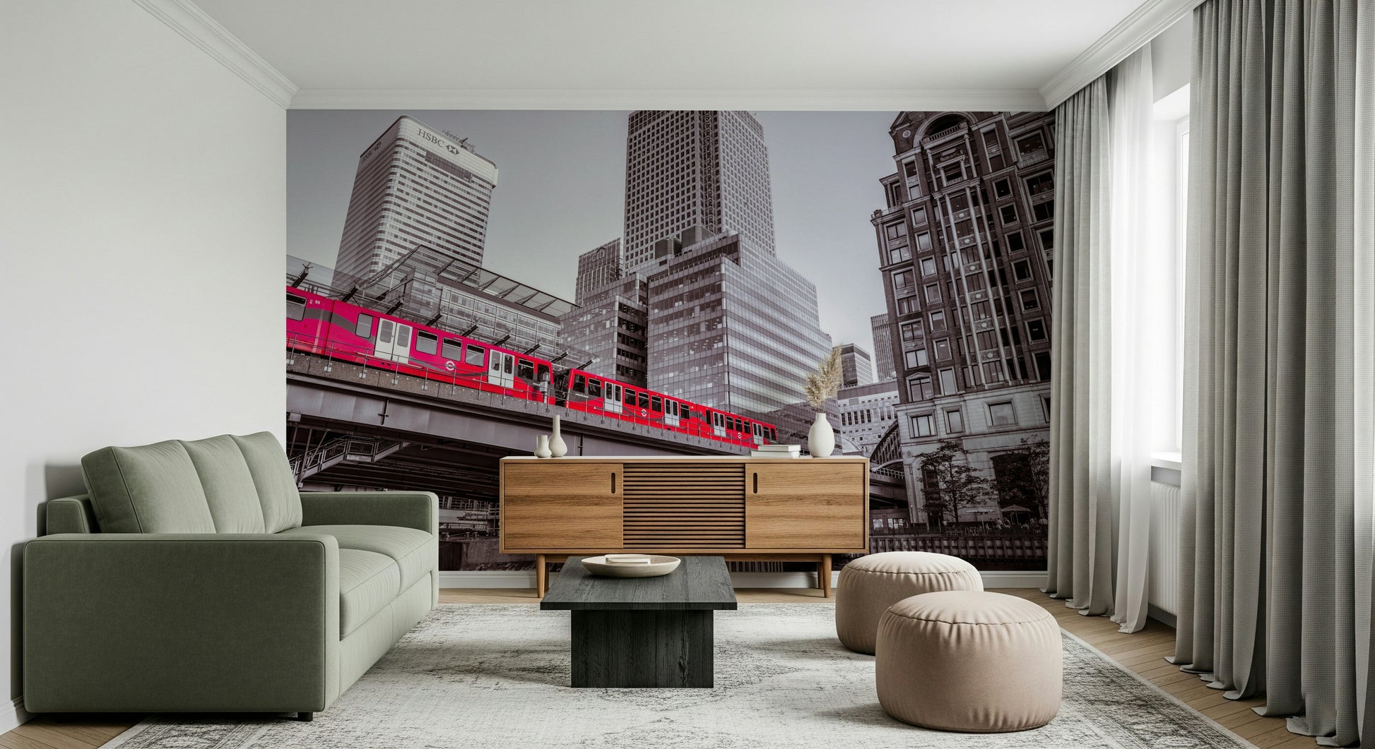 Red train crossing Canary Wharf, London bridge, dynamic cityscape print.