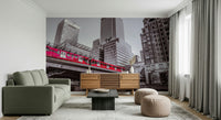 Red train crossing Canary Wharf, London bridge, dynamic cityscape print.