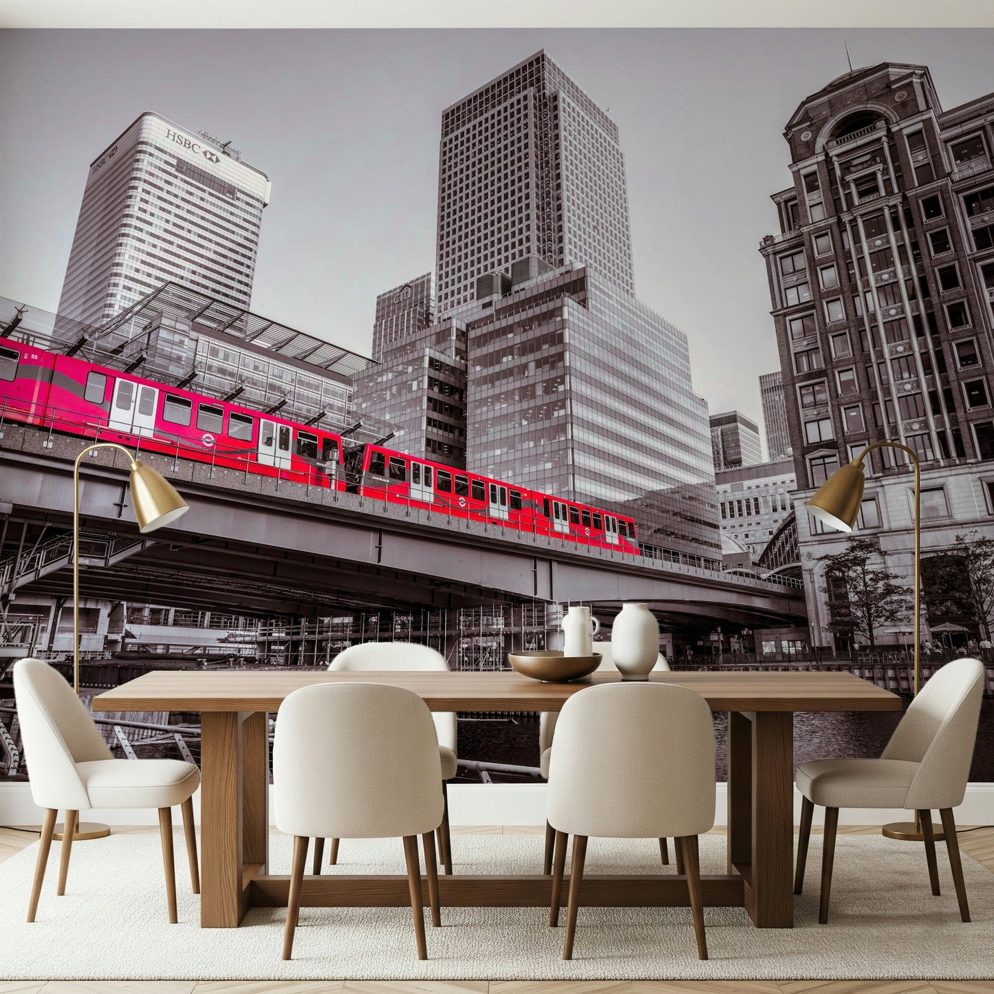 Canary Wharf, London high-rise buildings wallpaper for walls, office feature.