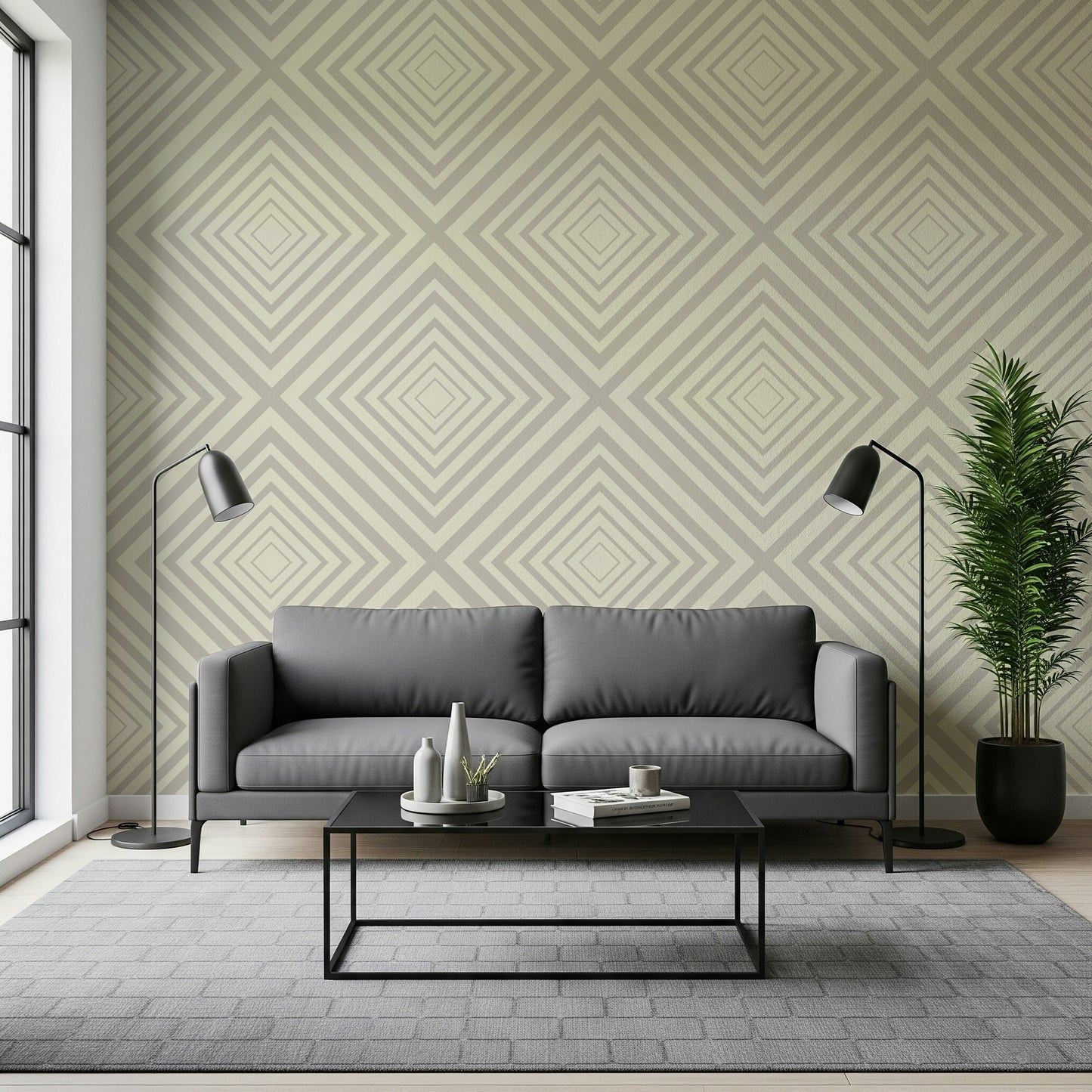 Art Deco inspired wallpaper, precise linear detail, subtle living space pattern.
