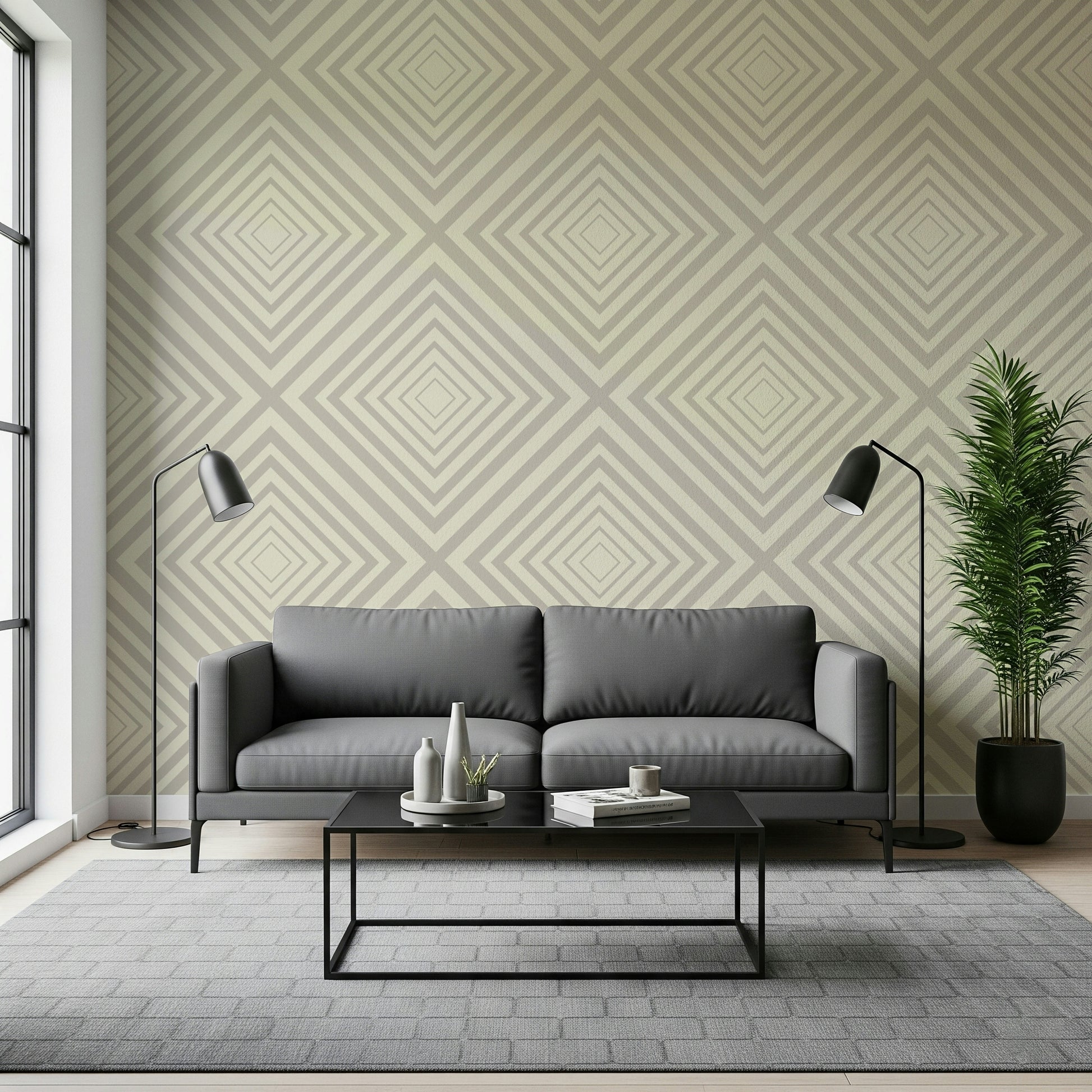 Art Deco inspired wallpaper, precise linear detail, subtle living space pattern.