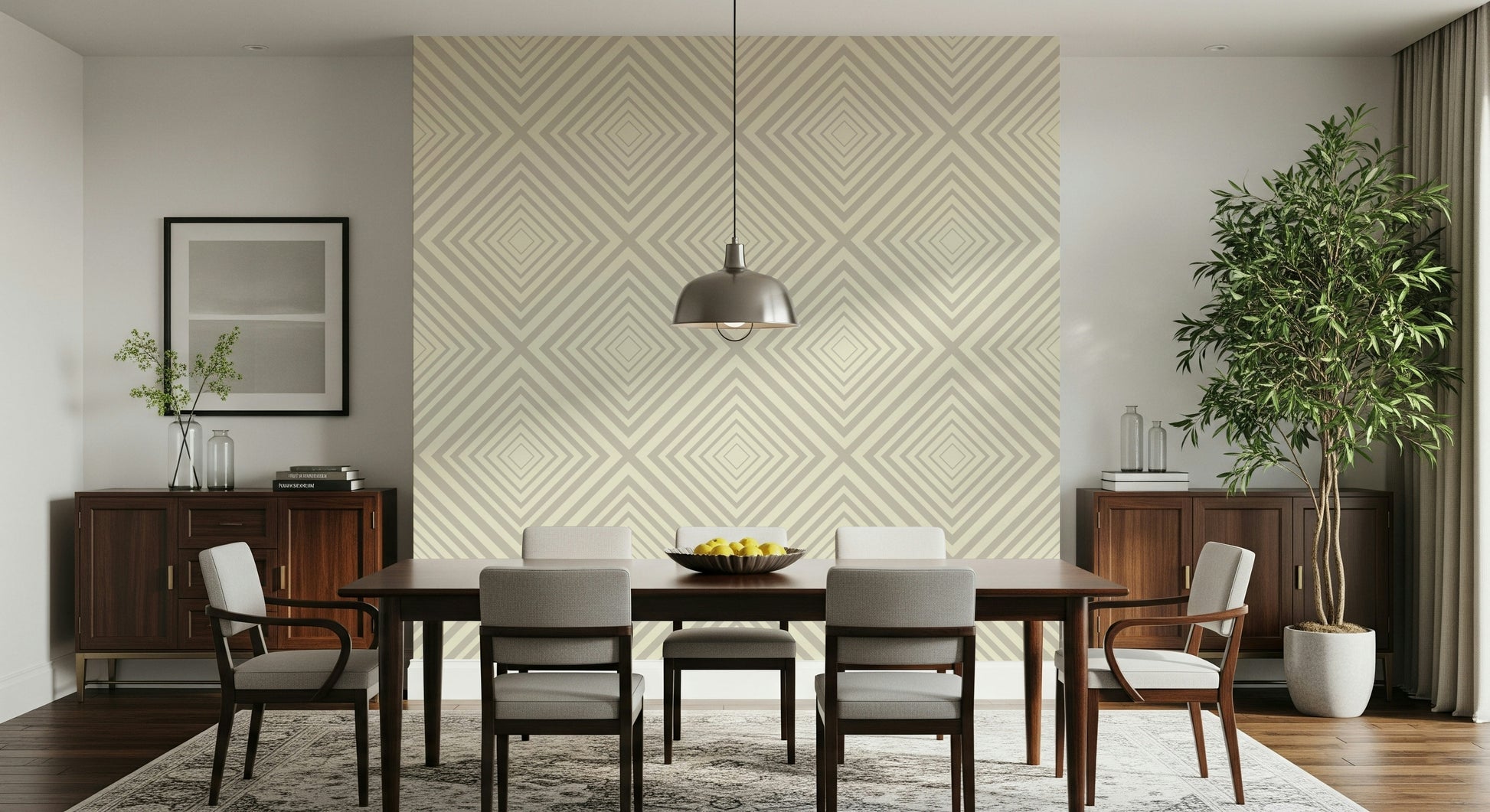 Neutral cross pattern wall mural, light-colored lines, refined office design.